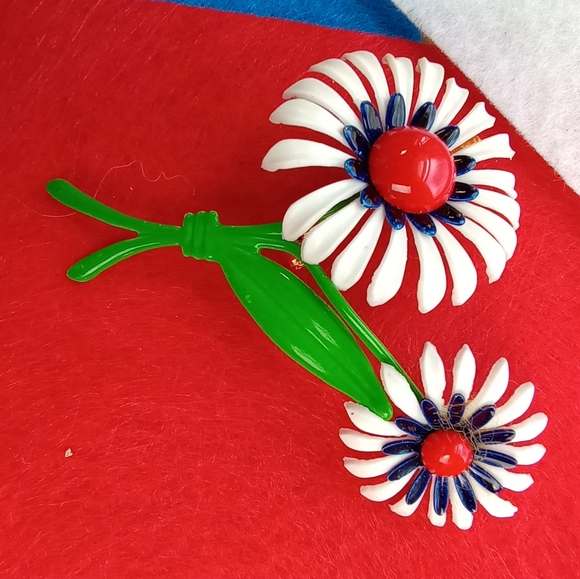 Enameled Metal & Vinyl Double Stem Flower Brooch Pin Red White Blue and Green - Picture 3 of 6